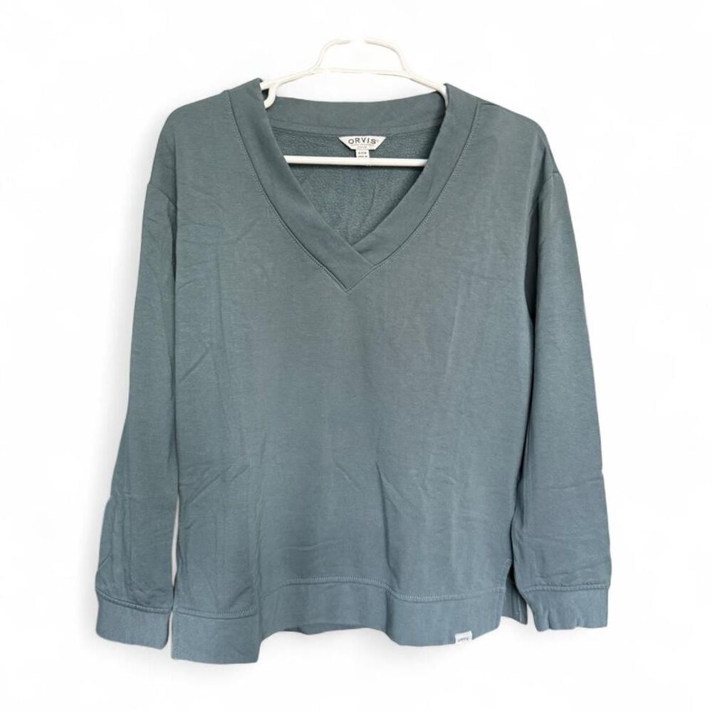 Orvis Women’s Small Modal Fleece Lined V Neck Pullover Sweatshirt Blue GreenNWOT